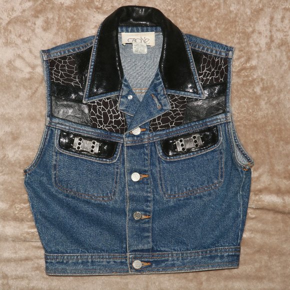 Cache Denim Jean Jacket with Genuine Leather Trim - Length 17 - Pits/Chest 15.5 - Picture 1 of 7